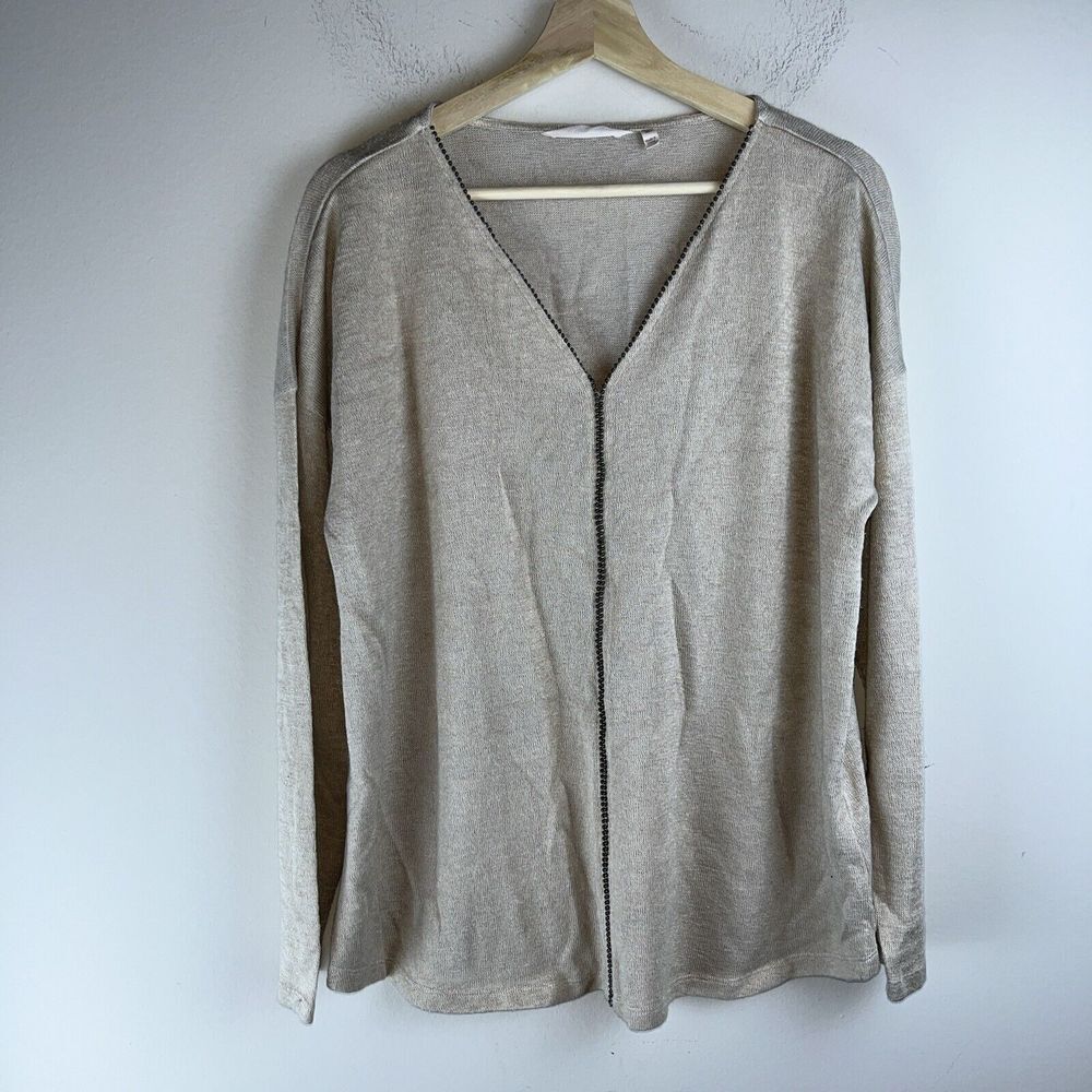 Soft Surroundings Metallic V-Neck Knit Sweater XL Beige Beaded Trim Long Sleeve